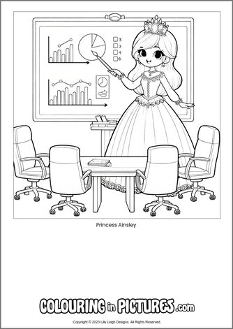 Free printable princess colouring in picture of Princess Ainsley