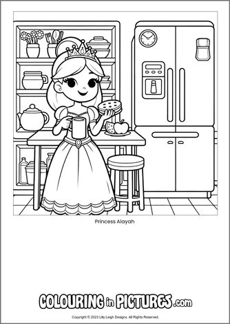 Free printable princess colouring in picture of Princess Alayah