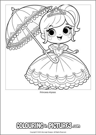 Free printable princess colouring in picture of Princess Alyssa