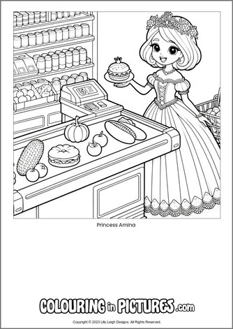 Free printable princess colouring in picture of Princess Amina