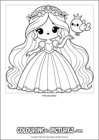 Free printable princess colouring in picture of Princess Blair