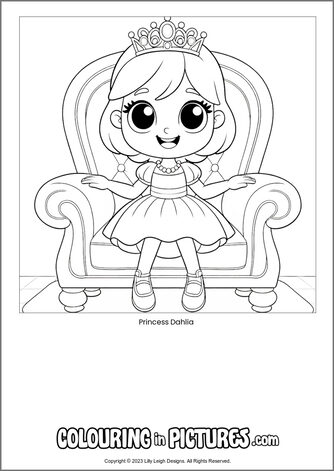 Free printable princess colouring in picture of Princess Dahlia