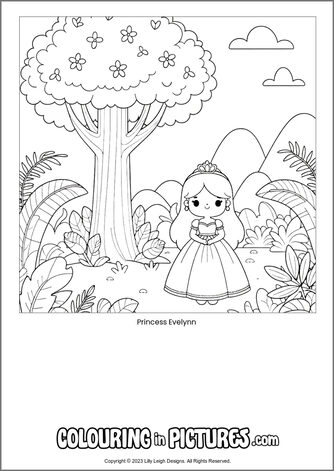 Free printable princess colouring in picture of Princess Evelynn