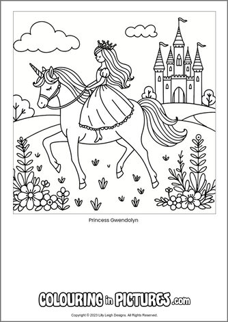 Free printable princess colouring in picture of Princess Gwendolyn