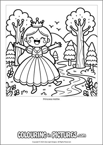 Free printable princess colouring in picture of Princess Hattie