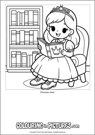 Free printable princess colouring in picture of Princess Jane