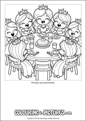 Free printable princess colouring in picture of Princess Joy and Friends