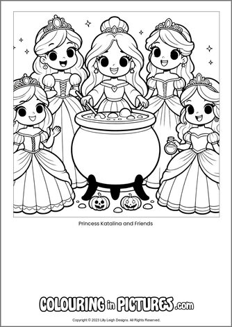 Free printable princess colouring in picture of Princess Katalina and Friends