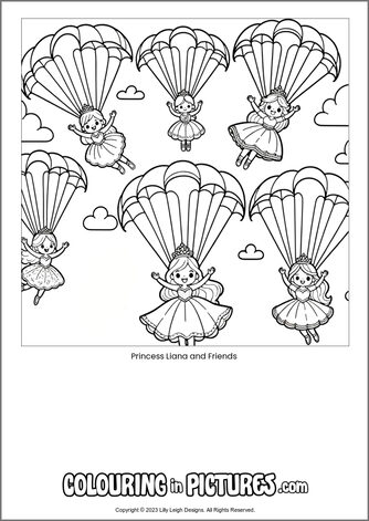 Free printable princess colouring in picture of Princess Liana and Friends