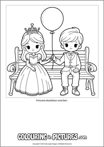 Free printable princess colouring in picture of Princess Maddison and Ben