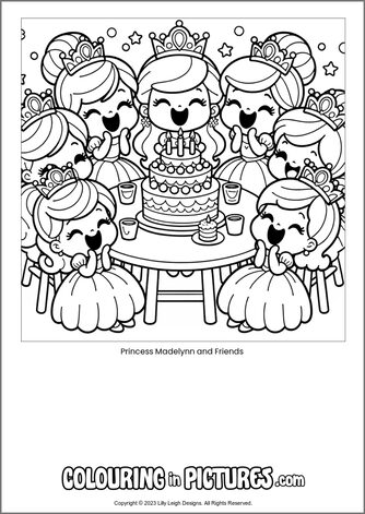 Free printable princess colouring in picture of Princess Madelynn and Friends