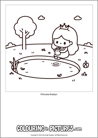Free printable princess colouring in picture of Princess Raelyn