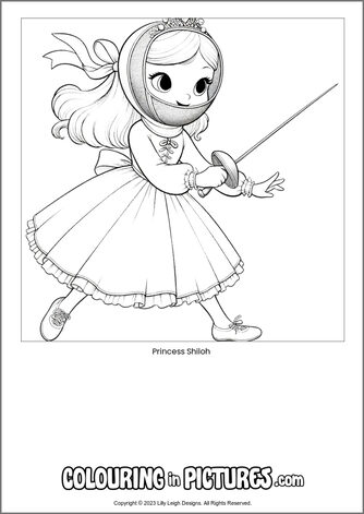 Free printable princess colouring in picture of Princess Shiloh