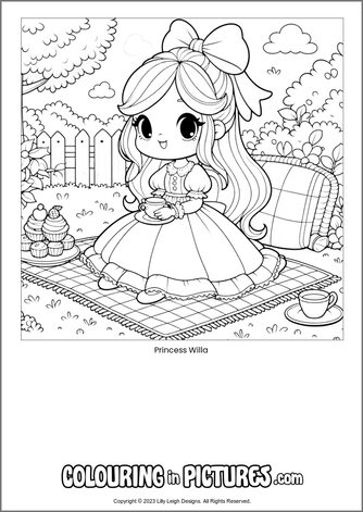 Free printable princess colouring in picture of Princess Willa