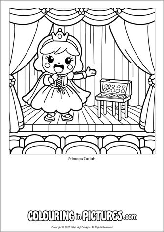 Free printable princess colouring in picture of Princess Zariah