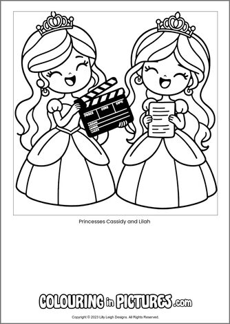 Free printable princess colouring in picture of Princesses Cassidy and Lilah