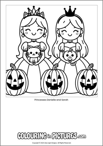 Free printable princess colouring in picture of Princesses Danielle and Sarah