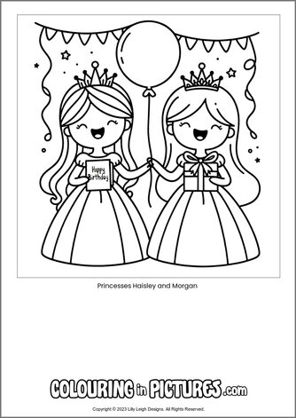Free printable princess colouring in picture of Princesses Haisley and Morgan