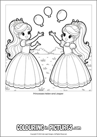 Free printable princess colouring in picture of Princesses Helen and Jasper