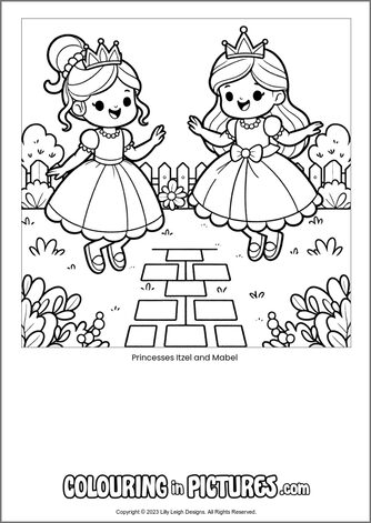 Free printable princess colouring in picture of Princesses Itzel and Mabel