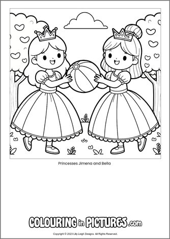 Free printable princess colouring in picture of Princesses Jimena and Bella