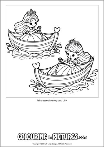 Free printable princess colouring in picture of Princesses Marley and Lilly