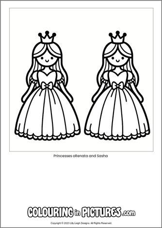 Free printable princess colouring in picture of Princesses oRenata and Sasha