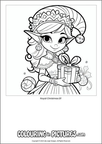 Free printable princess colouring in picture of Royal Christmas Elf