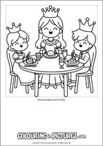 Free printable princess colouring page. Colour in Princess Mira and Family.
